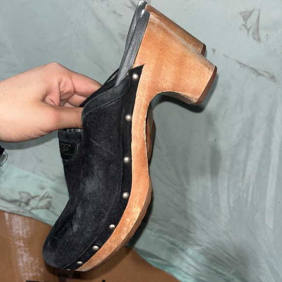 UGG Black Suede Wooden Heel Clogs Size 6 - Picture 3 of 10